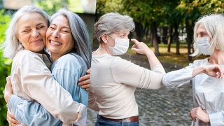 Collage zeigt links zwei sich umarmende Frauen, rechts zwei Frauen mit Mund-Nasen-Schutz, die sich mit dem Ellbogen begrüßen
