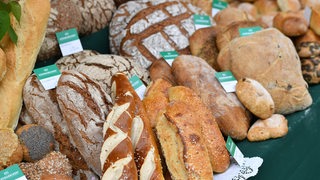 Mehrere Brotlaibe sind in einer Auslage drapiert.