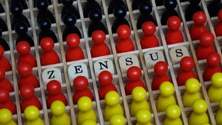 Setzkasten mit Würfeln, auf denen das Wort "Zensus" gebildet wird. Daneben Spielfiguren in den Deutschlandfarben (Symbolbild)