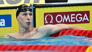 Der Schwimmer Florian Wellbrock schaut nach einem Rennen aus dem Becken zur Anzeige.