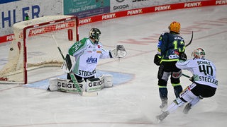 Ziga Jeglic (Fischtown Pinguins) erzielt das 1:0 gegen Torwart Sami Aittokallio (Bietigheim Steelers).