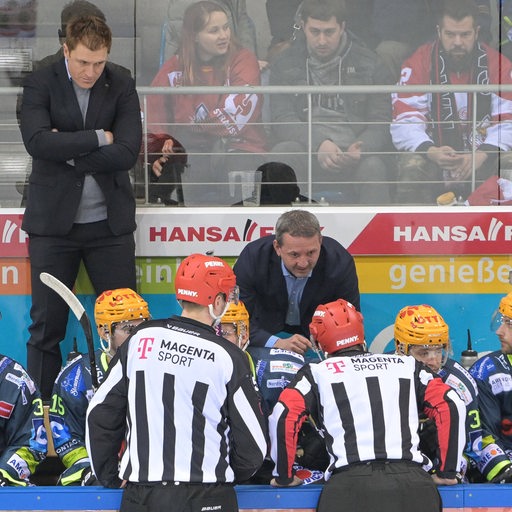 Pinguins-Trainer Thomas Popiesch diskutiert an der Bande mit den Schiedsrichtern nach der umstrittenen Führung für Augsburg.