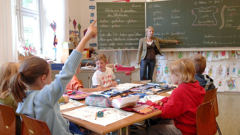 Eine Lehrerin steht in einer Grundschulklasse an der Tafel
