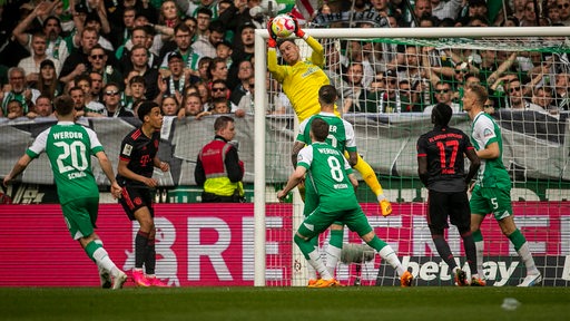 Werder-Torwart Jiri Pavlenka fängt im Sprung den Ball im Spiel gegen Bayern München.