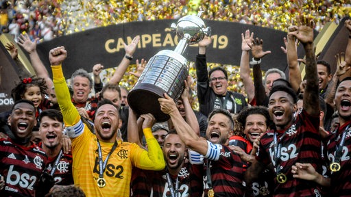 Diego und weitere Spieler von Flamengo Rio de Janeiro halten den Pokal nach oben. 