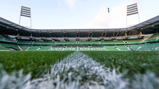 Blick quer über den Rasen des Weser-Stadions über die Grasnarbe auf Höhe der Mittellinie.