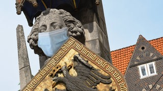 Bremer Roland mit Mund-Nasen-Maske auf dem Marktplatz in Bremen. (Bildmontage)