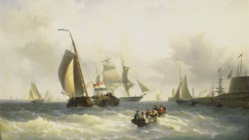 Ein Gemälde des niederländischen Künstlers Willem Gruyter, auf dem mehrere Schiffe vor Bremerhaven zu sehen sind