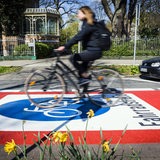 Radfahrerin befährt bei schönem Wetter die Fahrradstraße Parkallee in Bremen (Archivbild)