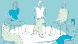 Gemalte Menschen sitzen in einem Stuhlkreis zusammen