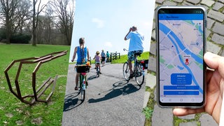 Bildcollage aus einer Skulptur in einem Park, einer Familie auf Fahrradtour und einem Handy mit einer Routen-App.