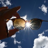 Eine Hand hält eine Sonnenbrille Richtung Himmel der Sonne entgegen.
