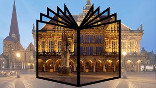 Collage zeigt die Grafik eines aufgeschlagenen Buches vor dem Bremer Marktplatz