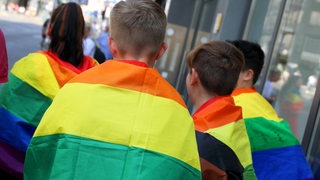 Junge Menschen von hinten, eingewickelt in Regenbogenflaggen
