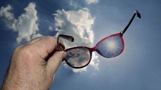 Hand hält Sonnenbrille vor die Sonne