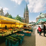 Stände mit gelben Plan auf dem Domshof-Wochenmarkt