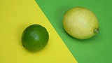 Eine grüne Limette auf gelbem Hintergrund und eine gelbe Zitrone auf grünem Hintergrund.