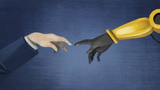 Illustration: Menschliche und Roboterhand berühren sich.