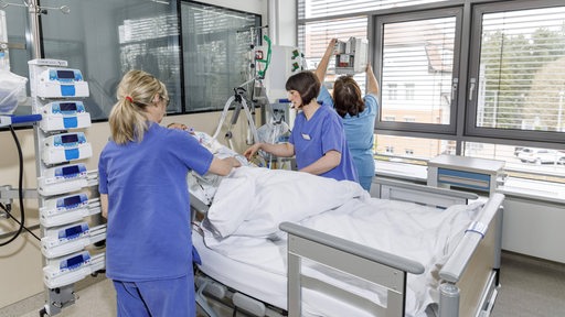 Drei Pflegerinnen arbeiten am Bett eines Patienten auf einer Intensivstation.