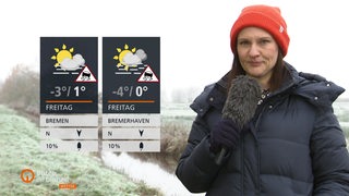 Die Wettertafeln mit der Moderatorin Anastasia Hill vor einem kleinen Bach. 