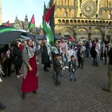 Menschen schwenken auf dem Bremer Marktplatz Palästina-Flaggen.