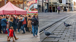 Collage zeigt auf der linken Seite eine belebte Bremer Innenstadt mit Freimarktsbuden, rechts nur 2 Tauben in der auf den Straßenbahnschienen.