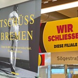 Collage zeigt die 3 insolventen Geschäfte von Wormland, Sportcheck und Opti-Wohnwelt in der Bremer Innenstadt.