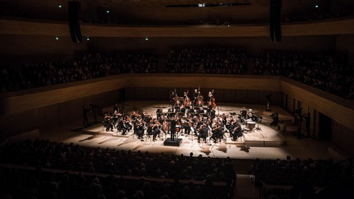 Orchester auf der hell beleuchteten Ühne eines Konzerthauses von oben aufgenommen