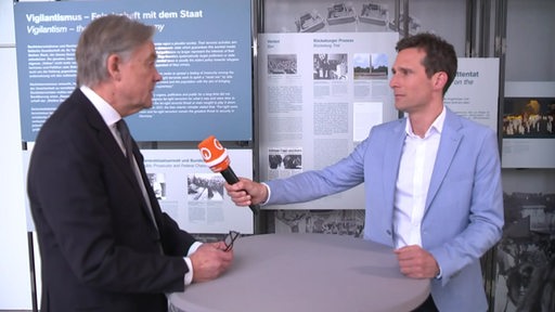 Reporter János Kereszti steht rechts im Bild, er interviewt den Historiker und Publizist Norbert Frei und hält ihm ein Mikrofon hin.