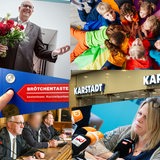 Collage zeigt Andreas Bovenschulte mit Blumenstrauß, Kitakinder, Fahnen von Convivo, Brötchentaste an einem Parkautomanten, Karstadt in Bremen, der Eingang der Helenenstrasse,Gerichtsprozess Ekatarina B., Maike Schaefer, Jan Timke