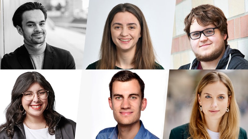 Collage zeigt 6 junge Kandidat*innen, die zur Bürgerschaftswahl in Bremen antreten: Fynn Voigt, Stina Reichardt, Luca Heise, Selin Arpaz, Christoph Jaschek und Wiebke Winter