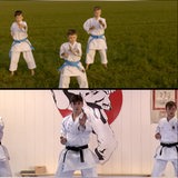 Auf einem Splitscreen sieht man zwei junge Männer und drei kleine Kinder im Karate-Anzug