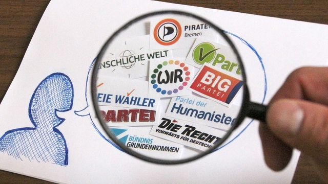 Eine Lupe über den Logos der kleinen Parteien, die zur Bremer Bürgerschaftswahl antreten wollen.