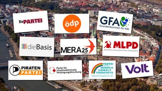Logos der Kleinparteien, die zur Wahl in Bremen antreten, vor einem Luftbild Bremens (Montage)