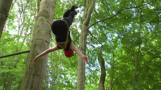 Eine Frau hängt kopfüber an Seilen in einem Kletterwald.