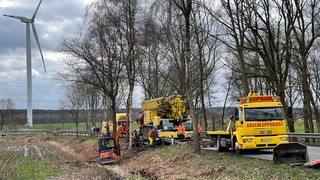 Mehrere Einsatzfahrzeuge stehen auf einer Landstraße.