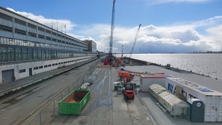 Auf einem Uferbauwerk am Wasser stehen Baufahrzeuge und Kräne.