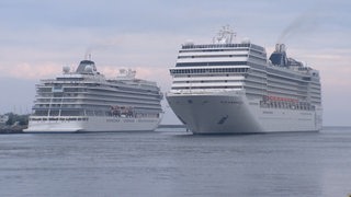 Zwei Kreuzfahrtschiffe fahren mit qualmenden Schornsteinen auf dem Meer.