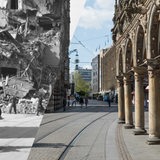 Bildmontage: Blick in die zerstörte Obernstraße in Bremen 1945 links und der aktuelle Zustand 2020 rechts.