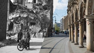 Bildmontage: Blick in die zerstörte Obernstraße in Bremen 1945 links und der aktuelle Zustand 2020 rechts.