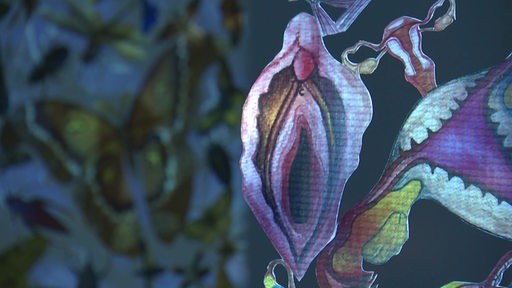 Ein farbenfrohes Kunstwerk, gemischt aus weiblichen Geschlechtsorganen und bunten Schmetterlingen
