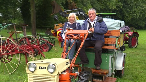 Beim Landmaschinentreffen in Freißenbüttel sitzen ein Mann und eine Frau auf einem alten Traktro und fahren über eine Wiese. 