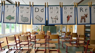 In einem Klassenzimmer stehen Stühle auf den Tischen.