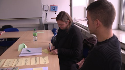 Zwei Personen schreiben in einem Klassenzimmer Begriffe auf Moderationskarten.