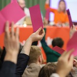 Mitglieder der Linken halten auf einem Parteitag in Bremen Stimmkarten in die Höhe.