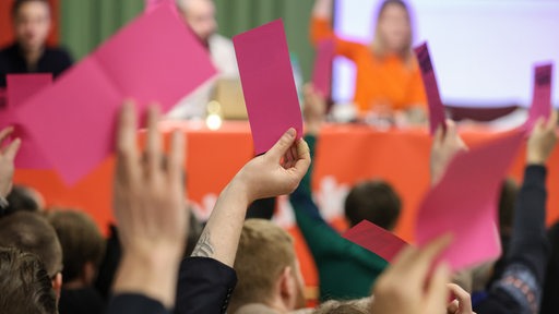 Mitglieder der Linken halten auf einem Parteitag in Bremen Stimmkarten in die Höhe.