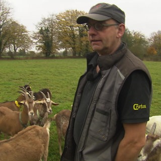 Ein Mann mit Cappy und Brille schaut in die Kamera - hinter ihm steht eine Ziegenherde