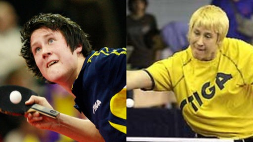 Mattias Falck als junger Tischtennisspieler mit schwarzen und gelb gefärbten Haaren (Montage)