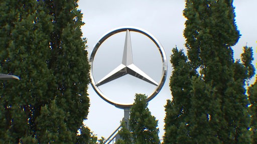 Mercedes-Benz Firmenlogo zwischen Bäumen.