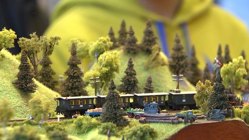 Eine Modeleisenbahn in einer Miniaturwelt.